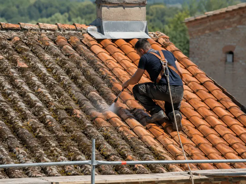 Toiture en cours de démoussage à Gaillac, démarcation nette entre partie traitée et non traitée