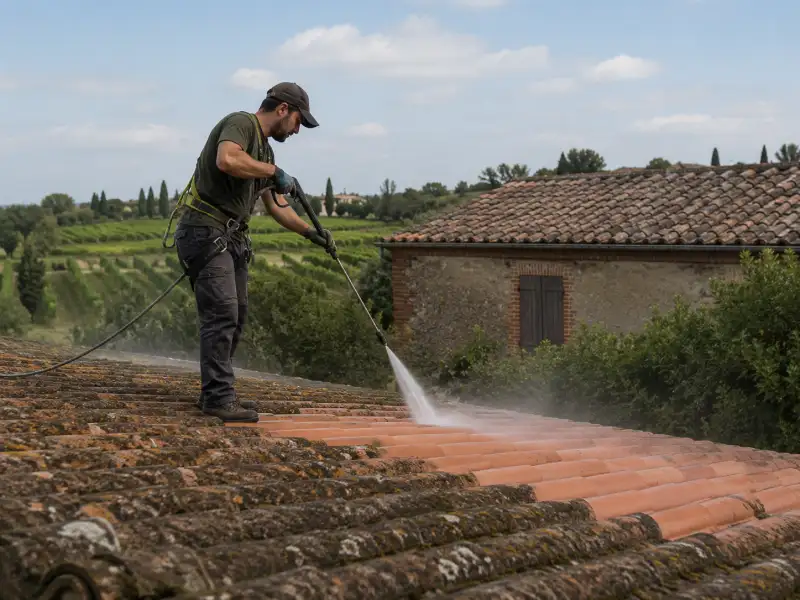 Terrasse en bois nettoyée à basse pression dans le sens des fibres