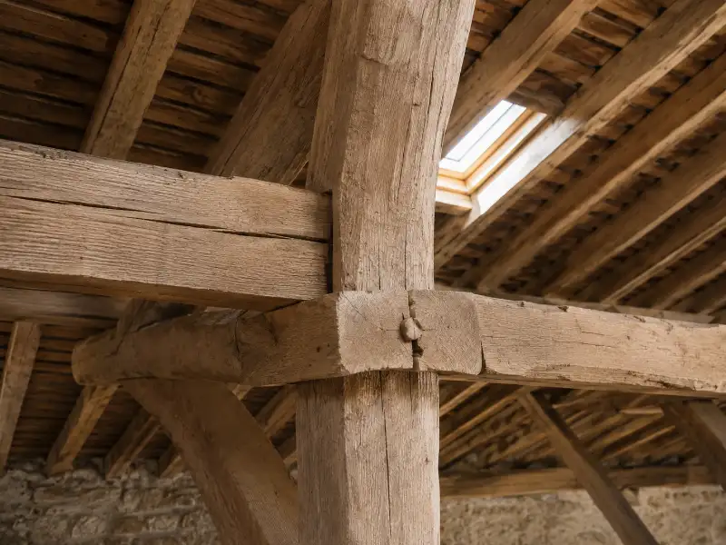 Assemblage à tenon et mortaise d'une charpente traditionnelle en chêne
