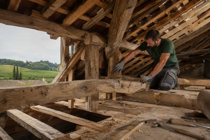 Greffe d'une pièce de bois neuve sur un about de panne dégradé