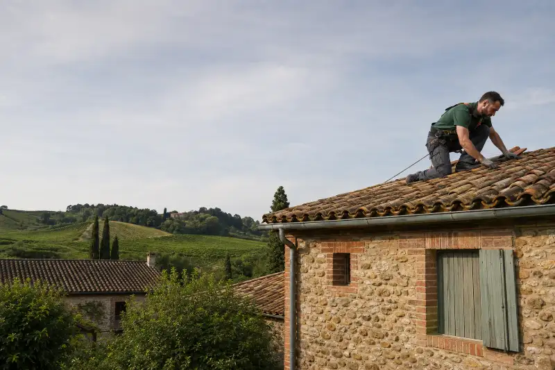 Toitures du centre ancien de Gaillac et coteaux du vignoble en arrière-plan