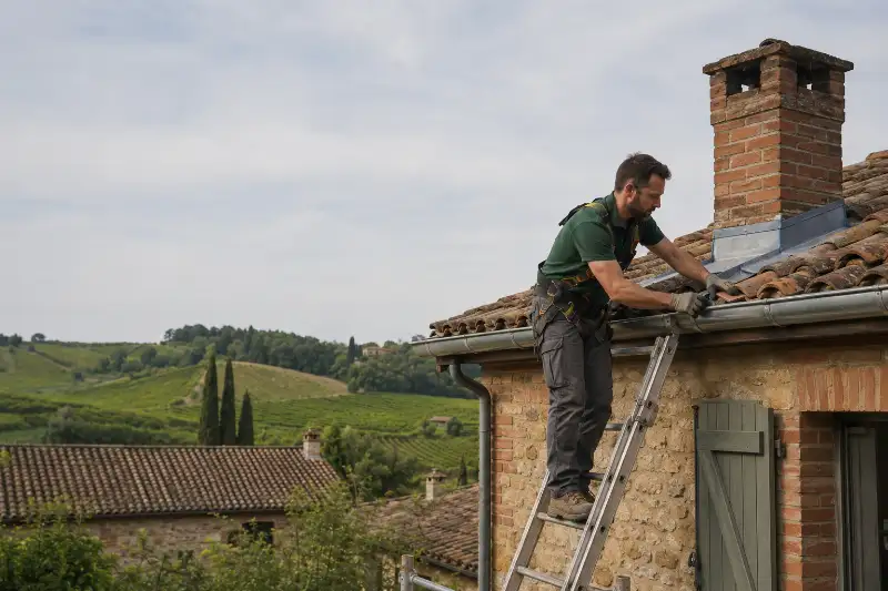Contrôle de couverture depuis une échelle pendant un démoussage