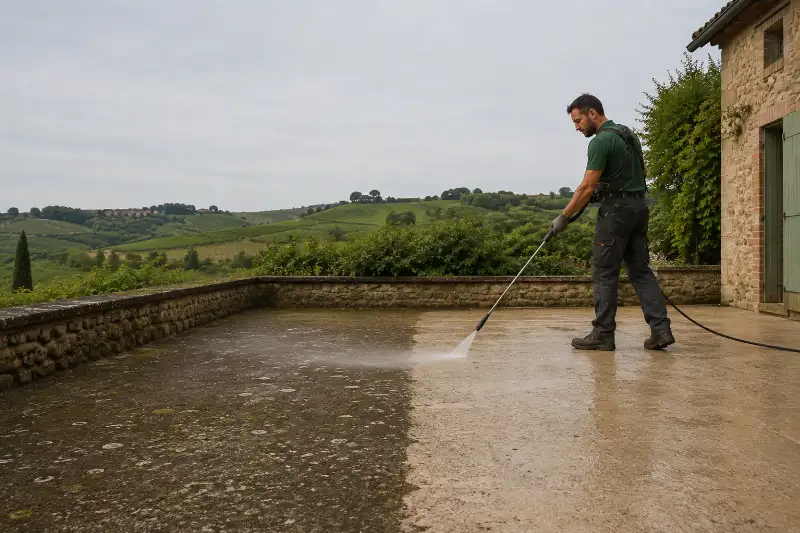 Plage de piscine en béton désactivé en cours de nettoyage